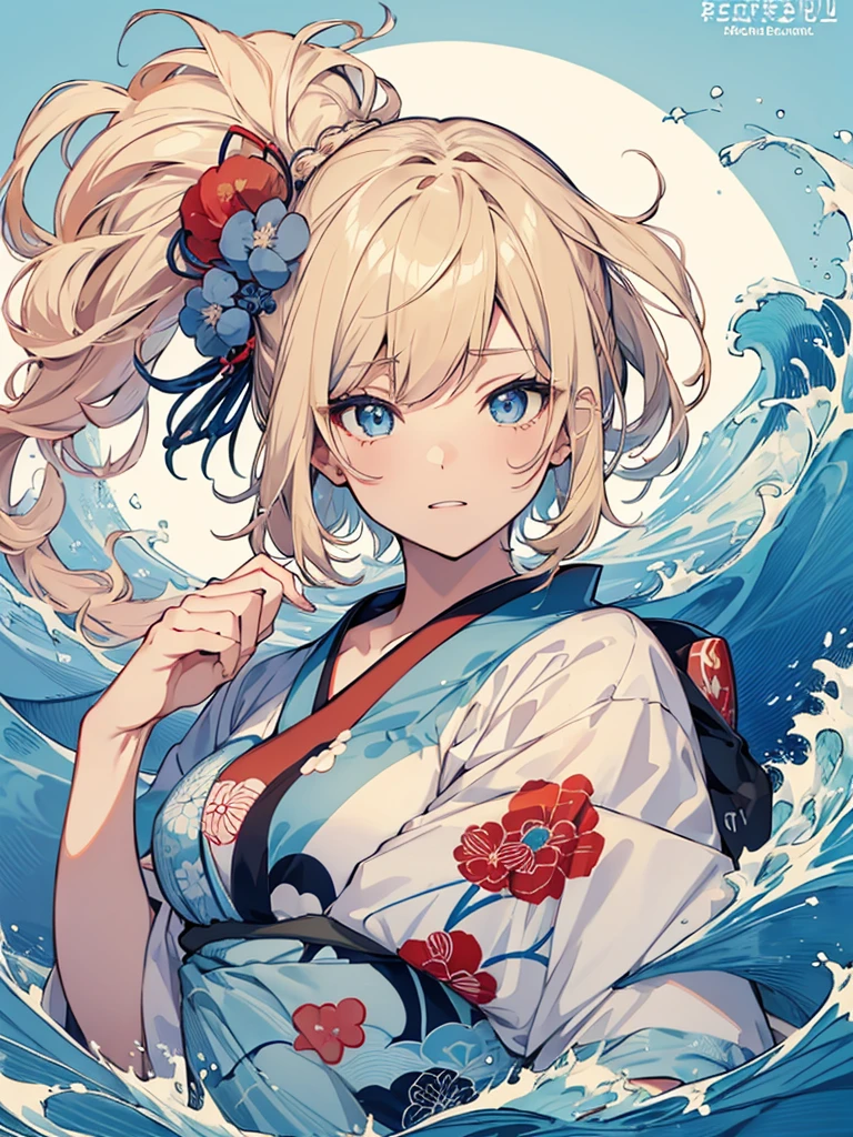 Japanese style t-shirt design, Hokusai Wave, Hokusai Stil, with modern anime elements,((Beautiful blue eyes)) blonde hair, blue eyes,((Get excited)) Pastelfarben, 1girl, cute, kawaii, Sweet, Pastel, 