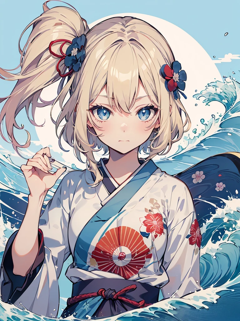 Japanese style t-shirt design, Hokusai Wave, Hokusai Stil, with modern anime elements,((Beautiful blue eyes)) blonde hair, blue eyes,((Get excited)) Pastelfarben, 1girl, cute, kawaii, Sweet, Pastel, 