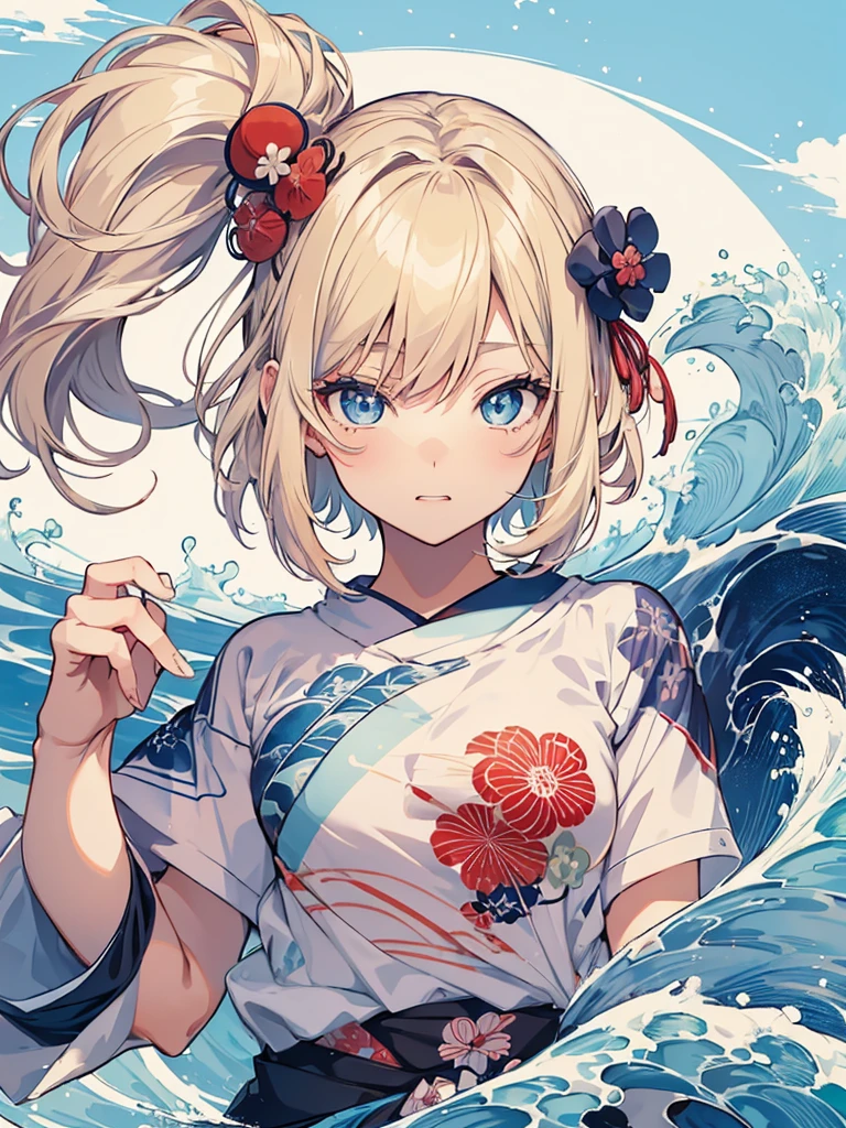 Japanese style t-shirt design, Hokusai Wave, Hokusai Stil, with modern anime elements,((Beautiful blue eyes)) blonde hair, blue eyes,((Get excited)) Pastelfarben, 1girl, cute, kawaii, Sweet, Pastel, 