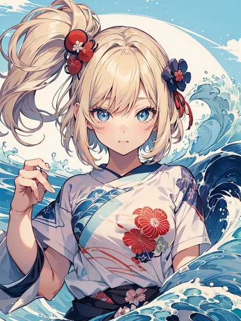 Japanese style t-shirt design, Hokusai Wave, Hokusai Stil, with modern anime elements,((Beautiful blue eyes)) blonde hair, blue ...