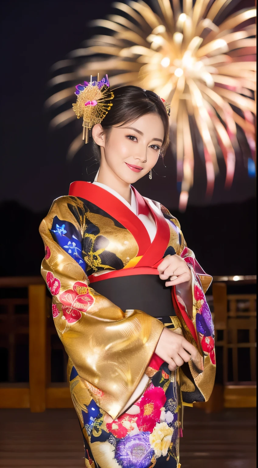 ((masterpiece(:1.4)，Highest quality，Ultra-high resolution，Highest quality，8k，Extremely detailed，In detail))。whole body，night，Fireworks display，Japanese，A beautiful woman，Big Breasts，Oiran，Oiranメイク，Long-sleeved kimono，Hair tying，hairpin，hair ornaments，geta，Gorgeous and luxurious，(Fireworks displayのnightに河川敷で花火を背景にしたスナップ写真)，Hyper Quality