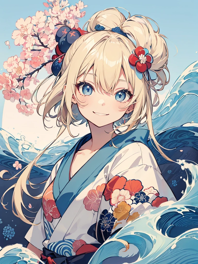 Japanese style t-shirt design, Hokusai Wave, Hokusai Stil, with modern anime elements,((Beautiful blue eyes)) blonde hair, blue eyes,((smile)) Pastelfarben, 1girl, cute, kawaii, Sweet, Pastel, 