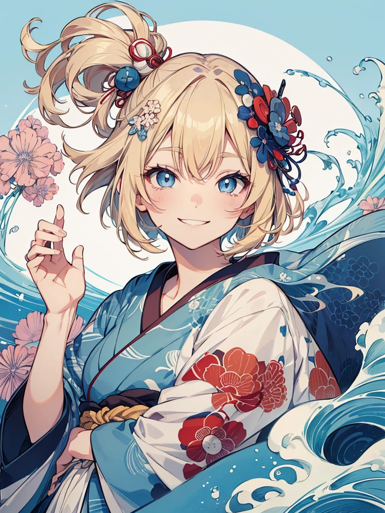 Japanese style t-shirt design, Hokusai Wave, Hokusai Stil, with modern anime elements,((Beautiful blue eyes)) blonde hair, blue eyes,((smile)) Pastelfarben, 1girl, cute, kawaii, Sweet, Pastel, 