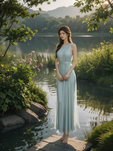 create a realistic image of a beautiful young woman standing on the edge of a tranquil lake in the early morning, surrounded by ...