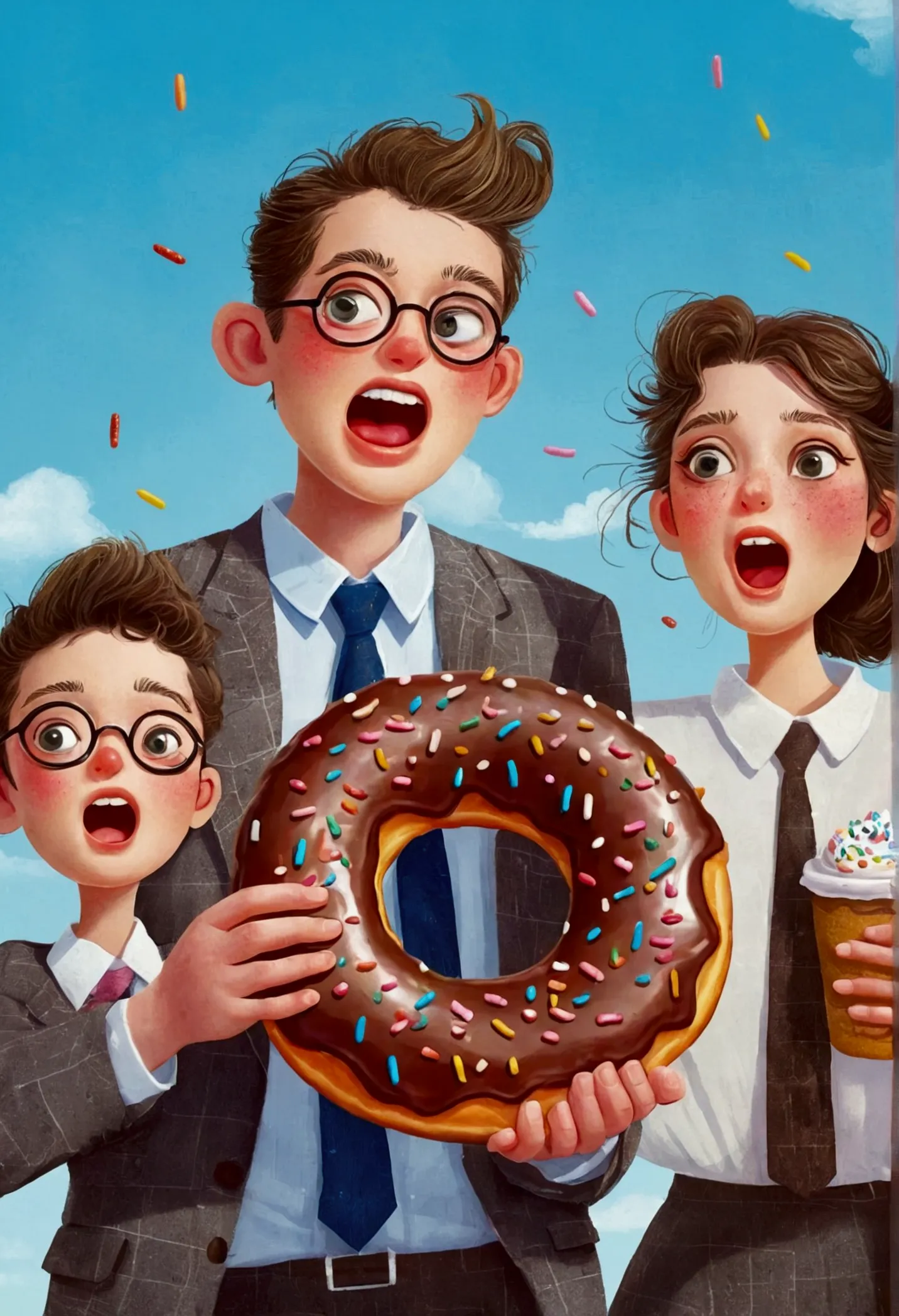 they are running and holding a donut with sprinkles, eating a donut, Juster Battle, funny illustration, the mighty donut, illust...