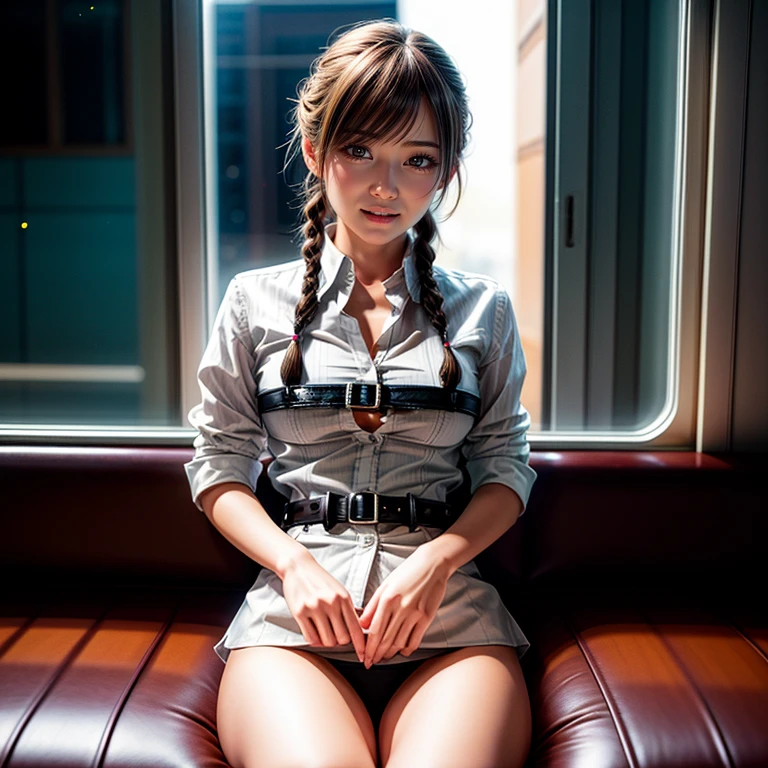 (((Misako Renbutsu)))Beautiful Young Female with ((Twin Braids) covering Bust) (Flashing Crotch) on ((Dusk) Train), (extremely delicate and beautiful) Detailed Closing Texture, Professional portrait of SemiNude photography, (((Unbuttoned WhiteShirt with beltbra:1.37)MoeSleeves) White SkinnyShorts), sitting_chair {leaning back|(knees to chest)}, (Motion blurred window){(Tyndall effect)|lens flare|Haze|bokeh} ZoomLayer (Oodles Blurred Colorful Lights (Starry particles)), (TopQuality Masterpiece of 8K Ultra-detailed DigitalPainting by Jeremy Lipking), Clearly visible the Shape of Crotch