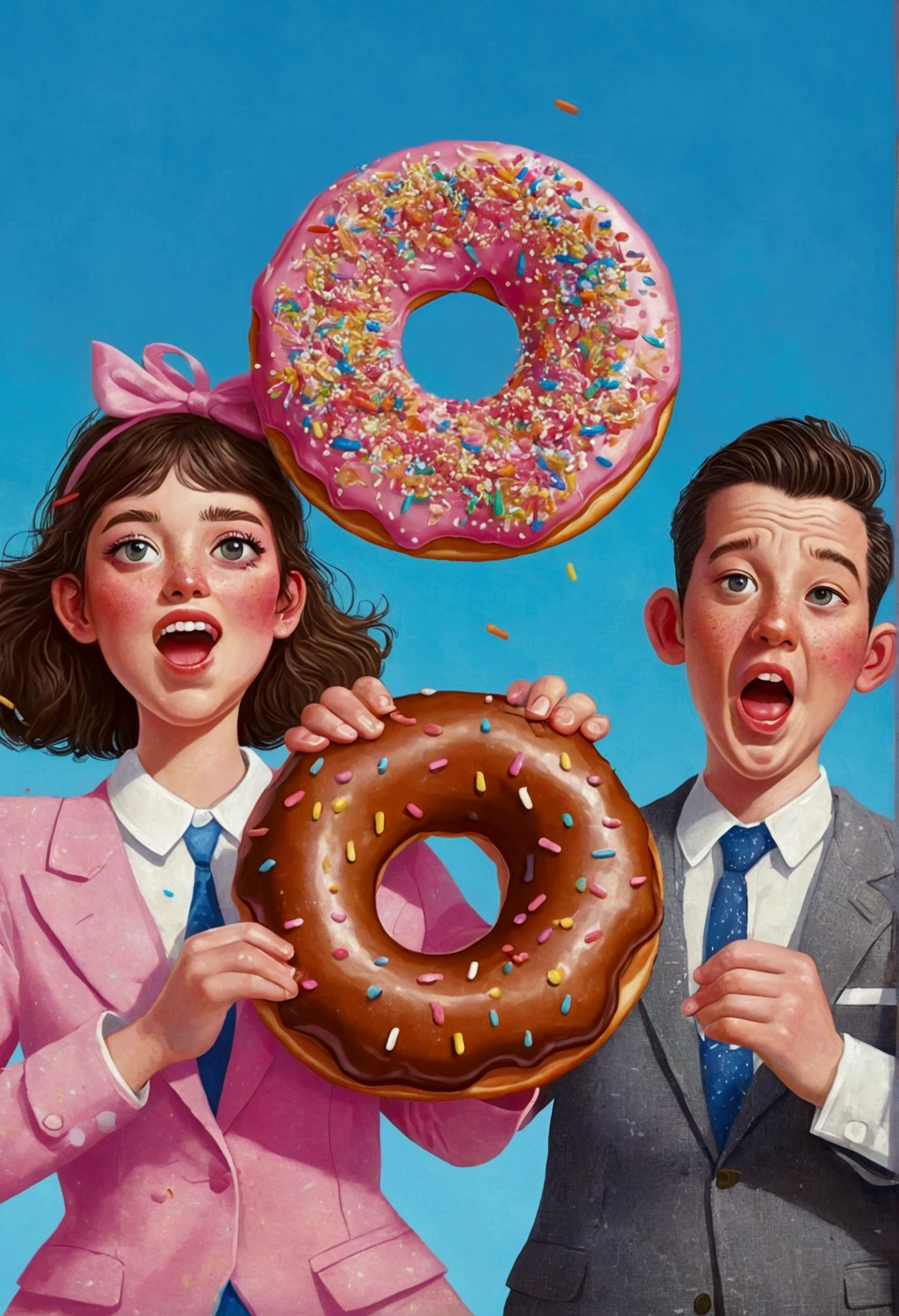 they are running and holding a Krapfen with sprinkles, an Illustration of by Trevor Brown, Gewinner des Behance-Wettbewerbs, Pop-Art, eating a Krapfen, Passen Sie den Kampf an, funny Illustration, the mighty Krapfen, Illustration, Illustration!, Krapfen, Alex Groß, fabulous Illustrations, humorous Illustration, amazing food Illustration, Illustration, ich stimme dir zu, John Cornell, magazine Illustration