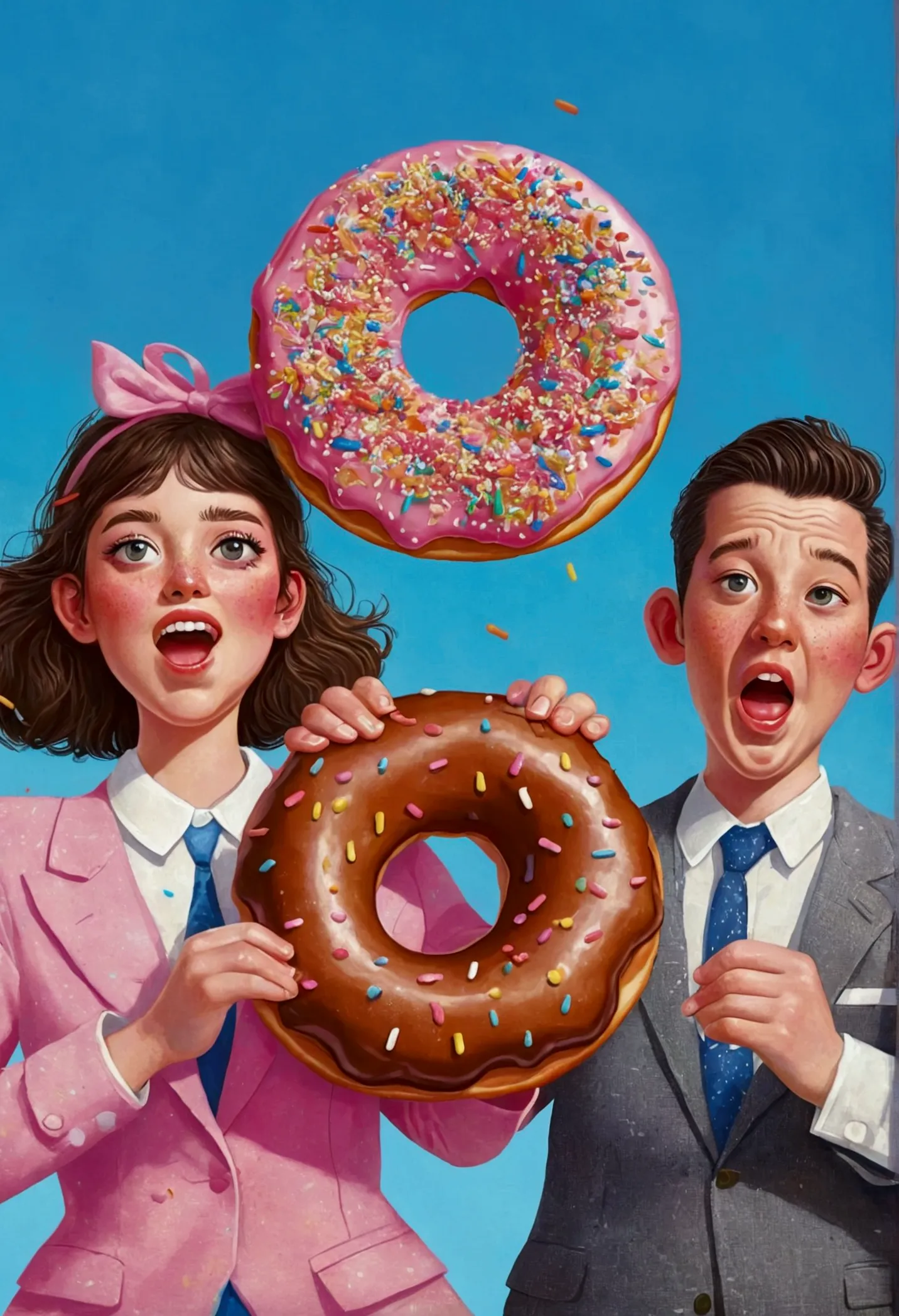 they are running and holding a donut with sprinkles, an illustration of by Trevor Brown, Winner of the Behance competition, Pop ...