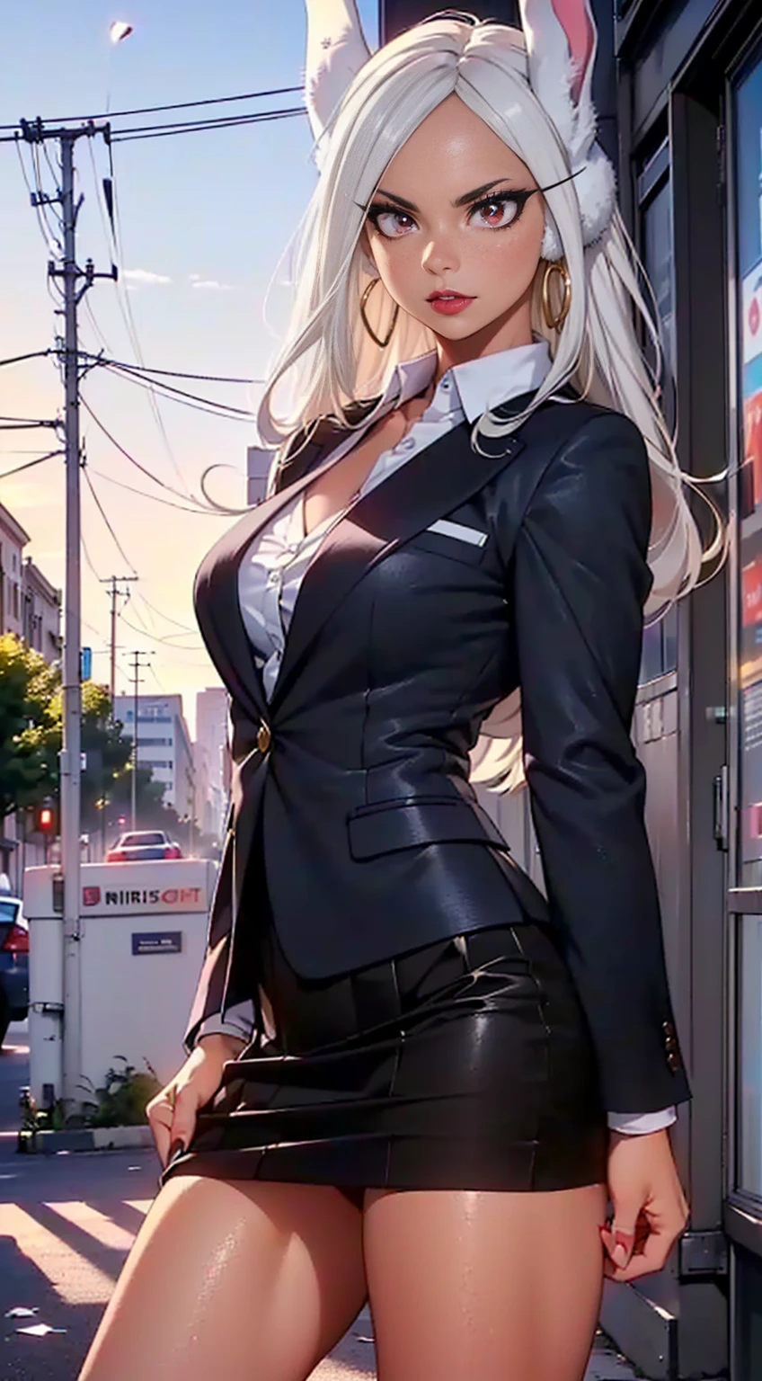 (((1girl, solo, mirko, mirkomha, boku no hero academia, (white hair, red eyes, long hair, rabbit ears, dark skin), lipstick, gold earrings, muscular, fitness)), sensual pose, Beautiful, diamond necklace)), ((solo, 1woman, pink lipstick, Extremely detailed, ambient soft lighting, 4k, perfect eyes, a perfect face, perfect lighting, a 1girl)), austere, ((fitness,, shapely body, athletic body, toned body)), (( business woman, executive woman, black suit, black skirt, street, city in the background, elegant decor, sexy ))