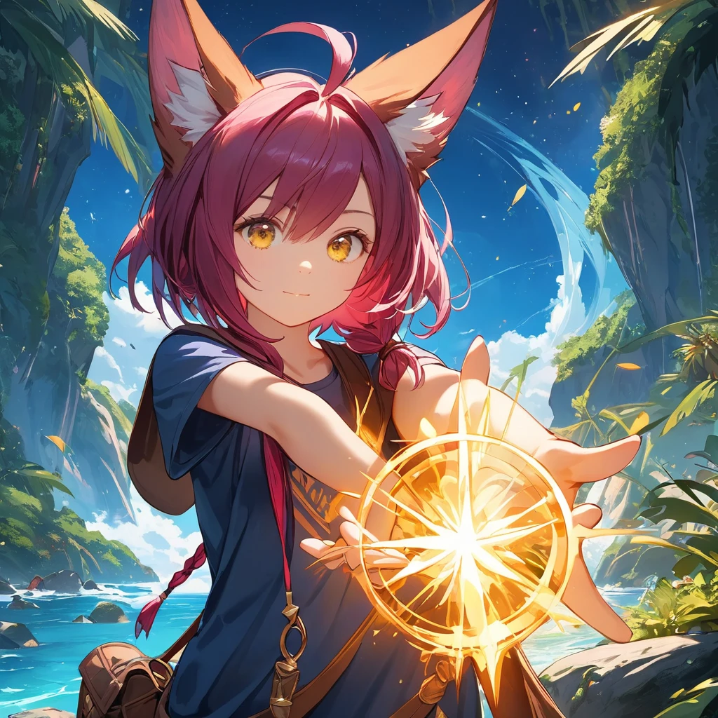 xayah,Camiseta,  orelhas de animais, olhos amarelos, tunic, esplêndido, cabelo por cima do ombro, sem capuz, lindo, 4K, alto_Definição, detalhado, adolescente, pequeno, explorador, aventureiro, Magia, vaqueiro_pose