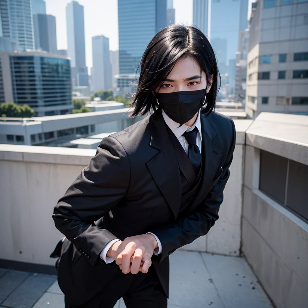 1boy, black hair, blindfolded, wearing all black suits, on top of a building, crying, high res, ultrasharp, 8k, masterpiece, looking at viewer from behind