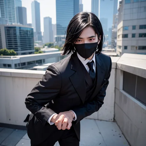 1boy, black hair, blindfolded, wearing all black suits, on top of a building, crying, high res, ultrasharp, 8k, masterpiece, loo...