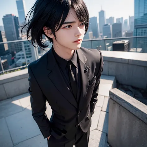 1boy, black hair, blindfolded, wearing all black suits, on top of a building, crying, high res, ultrasharp, 8k, masterpiece, loo...