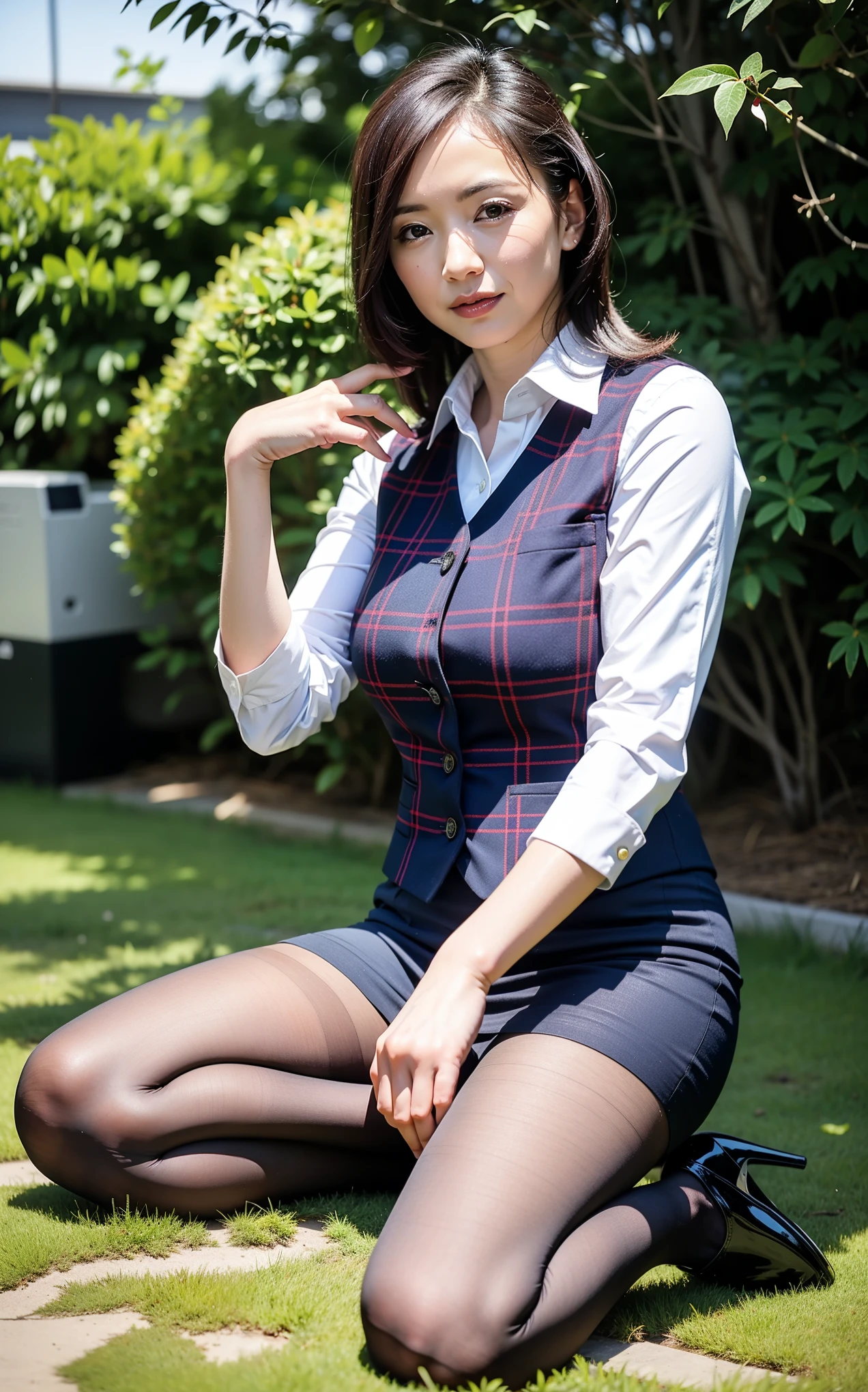 Ulchan-6500-v1.1, (RAW photo:1.2), (Photoreal), (genuine:1.4), １milf, perfect anatomy, 48 years old, plump body:0.5,  look at the viewer, medium long hair, Plaid vest, ((sit on the grass and open legs:1.0))、(super realistic pantyhose:1.2), (high heels), (business services)、under shade of tree