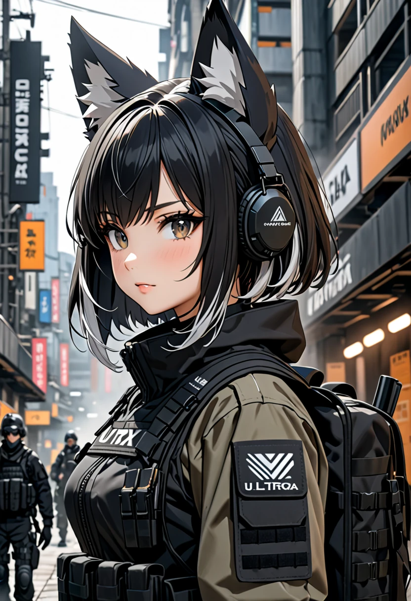 8K Ultra High-Quality, ultra-detailed, High quality, 8K Ultra High-Quality, ultra-detailed, High quality, short hair, black hair with white tips, tactical clothes, black fox ears