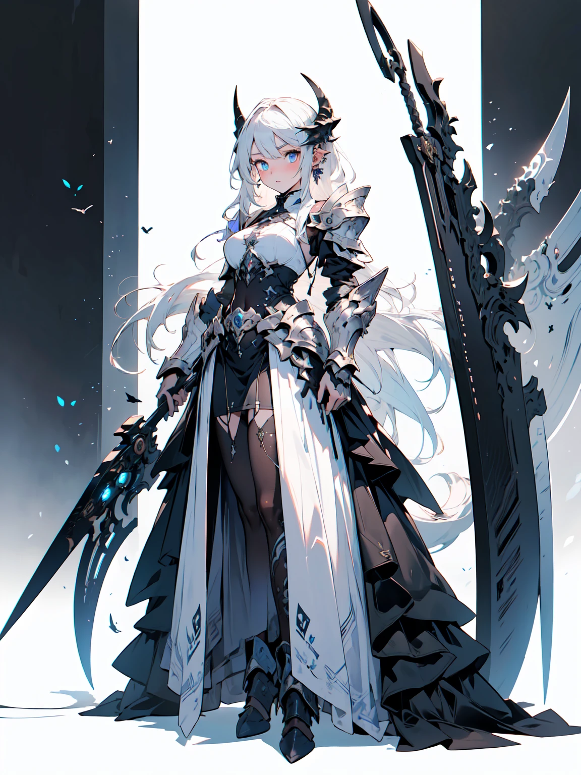 (((masterpiece, best quality, high detailed, 16k))) (1girl) A breathtakingly beautiful young slender girl with long flowing stylish white hair and piercing blue eyes. She wears a demonic armor in purple black and white. wields a large stylized scythe. ((full body view))