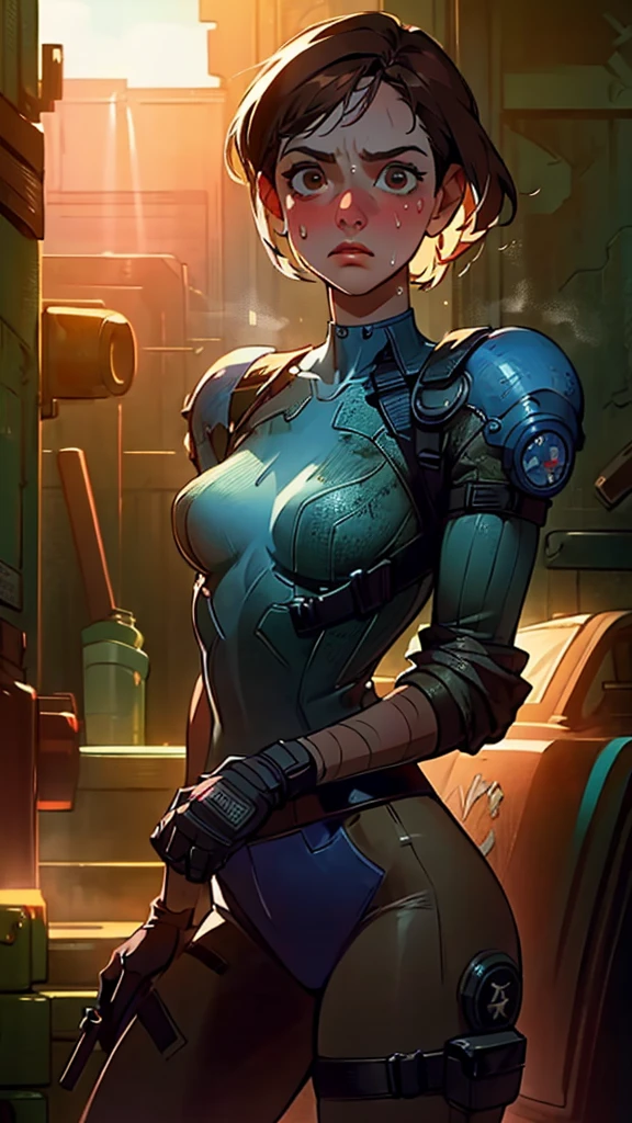 ((((masterpiece, best quality, high resolution)))), Extremely detailed 8K, 1 female, (Jill Valentine from Resident Evil) wearing a futuristic police gear, (Ultra HD, Ultra-detailed, Highly detailed, Highly realistic, Ultra-realistic, photograph realistic), (1girl:1.5), (Realistic short brown hair), (dynamic poses), facing at camera, looking at viewer, (a serious focus face), (regular black eyes, sharp eyes), (perky breasts:1.2), (beautiful detailed face, beautiful detailed eyes), ((slightly sweating)), (post-apocalyptic world background), sweat, glow, (sunbeam, sunlight), ((cowboy shot)), seductive, EnvyBetterHands LoCon,