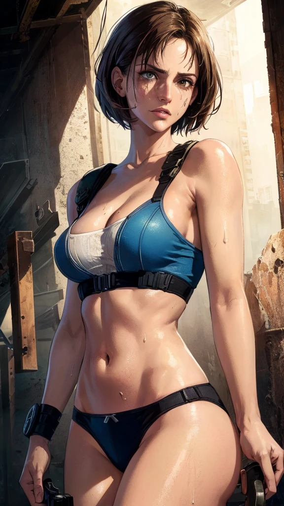 ((((masterpiece, best quality, high resolution)))), Extremely detailed 8K, 1 female, (Jill Valentine from Resident Evil) wearing a futuristic police gear, (Ultra HD, Ultra-detailed, Highly detailed, Highly realistic, Ultra-realistic, photograph realistic), (1girl:1.5), (Realistic short brown hair), (dynamic poses), facing at camera, looking at viewer, (a serious focus face), (regular black eyes, sharp eyes), (perky breasts:1.2), (beautiful detailed face, beautiful detailed eyes), ((slightly sweating)), (post-apocalyptic world background), sweat, glow, (sunbeam, sunlight), ((cowboy shot)), seductive, EnvyBetterHands LoCon,