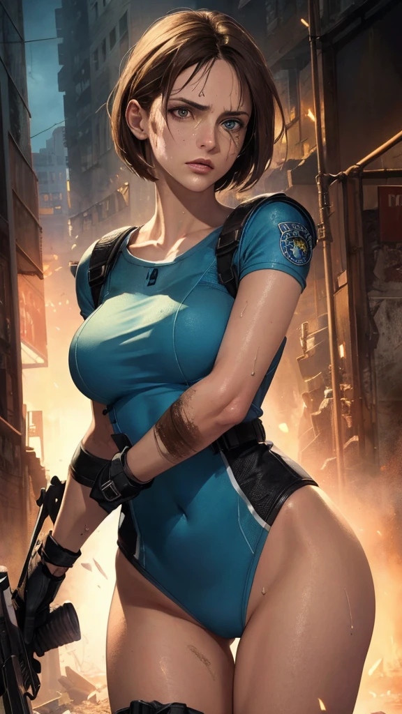 ((((masterpiece, best quality, high resolution)))), Extremely detailed 8K, 1 female, (Jill Valentine from Resident Evil) wearing a futuristic police gear, (Ultra HD, Ultra-detailed, Highly detailed, Highly realistic, Ultra-realistic, photograph realistic), (1girl:1.5), (Realistic short brown hair), (dynamic poses), facing at camera, looking at viewer, (a serious focus face), (regular black eyes, sharp eyes), (perky breasts:1.2), (beautiful detailed face, beautiful detailed eyes), ((slightly sweating)), (post-apocalyptic world background), sweat, glow, (sunbeam, sunlight), ((cowboy shot)), seductive, EnvyBetterHands LoCon,