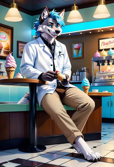 furry character, full body, male, wolf,, rick sanchez, black eyes, blue hair, white lab coat, brown pants, looking at viewer, sm...