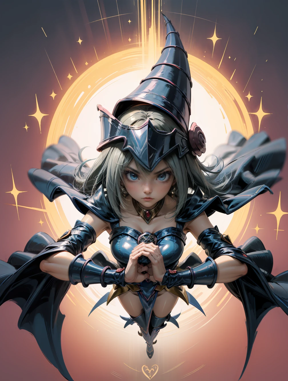 (masterpiece:1.2), (The best quality:1.2), perfect lighting, Dark Magician Girl casting a spell, in battle. floating in the air, visible medium tits, transparent neckline, blue robe, big hat, from above, Sparkles, Yugioh game, The magic of the heart. LIGHTS OF THE HEART, romantic heart. She wears heels. has heels. Wear heels 