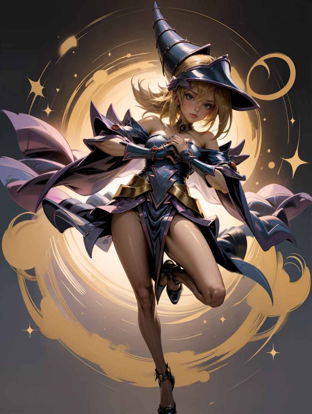 (obra maestra:1.2), (la mejor calidad:1.2), Iluminación perfecta, Chica Maga Oscura lanzando un hechizo, En batalla. flotando en el aire, medio visible , escote transparente, bata azul, sombrero grande, desde arriba, brilla, Yugioh game, La magia del corazón. LUCES DEL CORAZÓN, Corazón romántico. ella usa tacones. tiene tacones. Usar tacones 