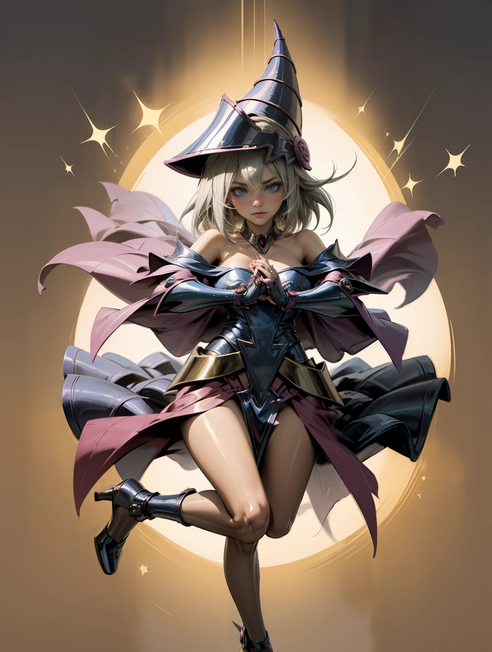 (masterpiece:1.2), (The best quality:1.2), perfect lighting, Dark Magician Girl casting a spell, in battle. floating in the air, visible medium tits, transparent neckline, blue robe, big hat, from above, Sparkles, Yugioh game, The magic of the heart. LIGHTS OF THE HEART, romantic heart. She wears heels. has heels. Wear heels 