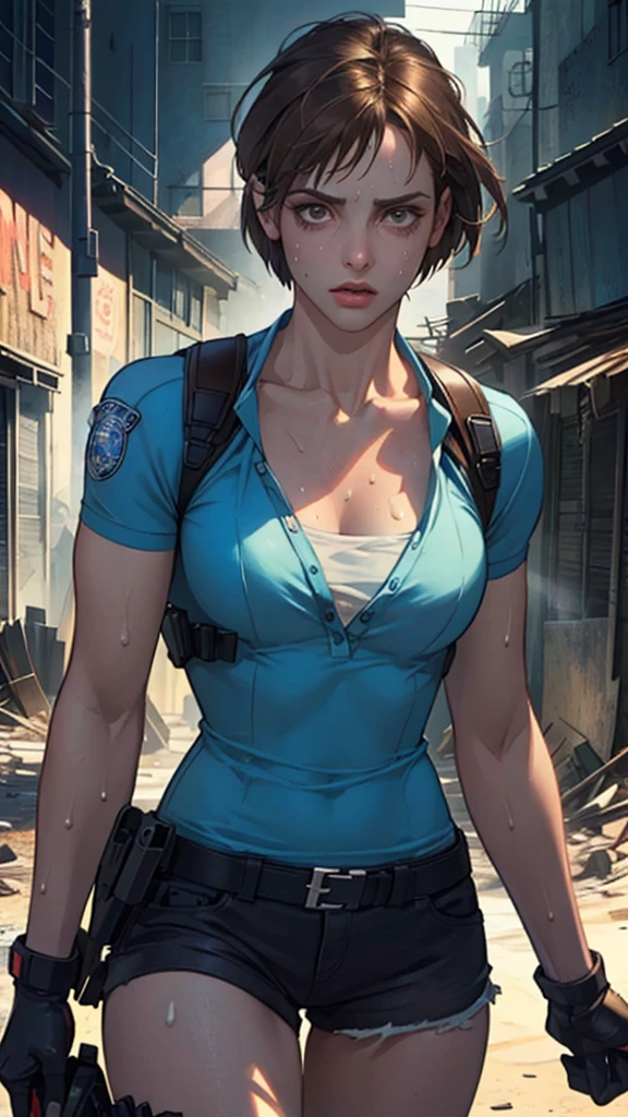 ((((obra de arte, melhor qualidade, Alta resolução)))), 8K extremamente detalhado, 1 fêmea, (Jill Valentine de Resident Evil) vestindo um equipamento policial futurista, (Ultra HD, Ultra-detalhado, Altamente detalhado, altamente realista, Ultra-realistic, fotografia realista), (1 garota:1.5), (Cabelo castanho curto realista), (poses dinâmicas), de frente para a câmera, Olhando para o visualizador, (um rosto sério e focado), (olhos pretos normais, olhos afiados), (seios empinados:1.2), (Lindo rosto detalhado, lindos olhos detalhados), ((slightly Suoring)), (Contexto do mundo pós-apocalíptico), Suor, brilho, (raio de Sol, luz solar), ((tiro de vaqueiro)), Sedutor, EnvyBetterHands LoCon,