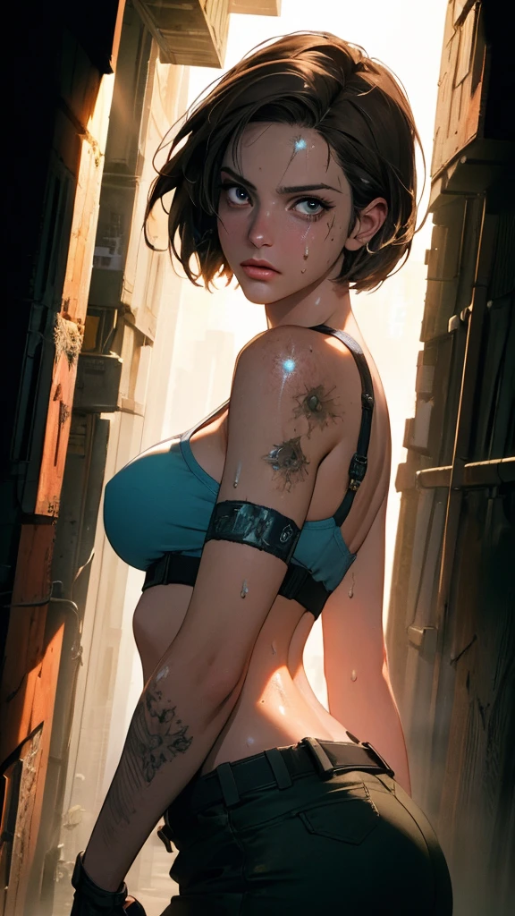 ((((masterpiece, best quality, high resolution)))), Extremely detailed 8K, 1 female, (Jill Valentine from Resident Evil) wearing a futuristic police gear, (Ultra HD, Ultra-detailed, Highly detailed, Highly realistic, Ultra-realistic, photograph realistic), (1girl:1.5), (Realistic short brown hair), (dynamic poses), facing at camera, looking at viewer, (a serious focus face), (regular black eyes, sharp eyes), (perky breasts:1.2), (beautiful detailed face, beautiful detailed eyes), ((slightly sweating)), (post-apocalyptic world background), sweat, glow, (sunbeam, sunlight), ((cowboy shot)), seductive, EnvyBetterHands LoCon,