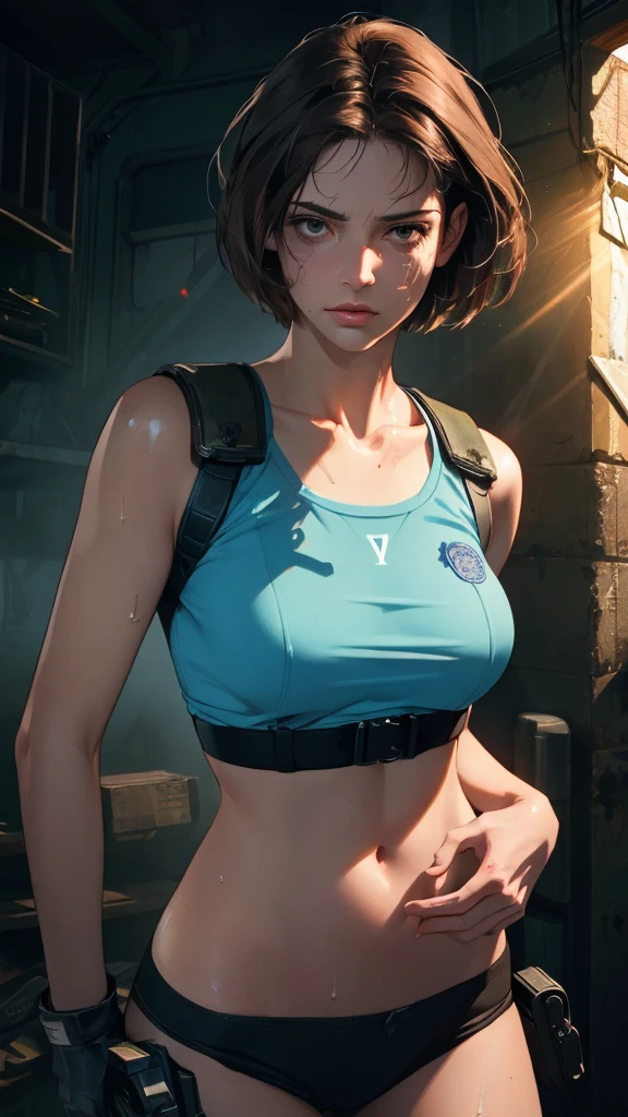 ((((masterpiece, best quality, high resolution)))), Extremely detailed 8K, 1 female, (Jill Valentine from Resident Evil) wearing a futuristic police gear, (Ultra HD, Ultra-detailed, Highly detailed, Highly realistic, Ultra-realistic, photograph realistic), (1girl:1.5), (Realistic short brown hair), (dynamic poses), facing at camera, looking at viewer, (a serious focus face), (regular black eyes, sharp eyes), (perky breasts:1.2), (beautiful detailed face, beautiful detailed eyes), ((slightly sweating)), (post-apocalyptic world background), sweat, glow, (sunbeam, sunlight), ((cowboy shot)), seductive, EnvyBetterHands LoCon,