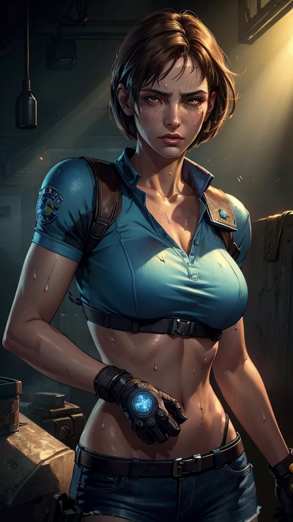 ((((masterpiece, best quality, high resolution)))), Extremely detailed 8K, 1 female, (Jill Valentine from Resident Evil) wearing a futuristic police gear, (Ultra HD, Ultra-detailed, Highly detailed, Highly realistic, Ultra-realistic, photograph realistic), (1girl:1.5), (Realistic short brown hair), (dynamic poses), facing at camera, looking at viewer, (a serious focus face), (regular black eyes, sharp eyes), (perky breasts:1.2), (beautiful detailed face, beautiful detailed eyes), ((slightly sweating)), (post-apocalyptic world background), sweat, glow, (sunbeam, sunlight), ((cowboy shot)), seductive, EnvyBetterHands LoCon,