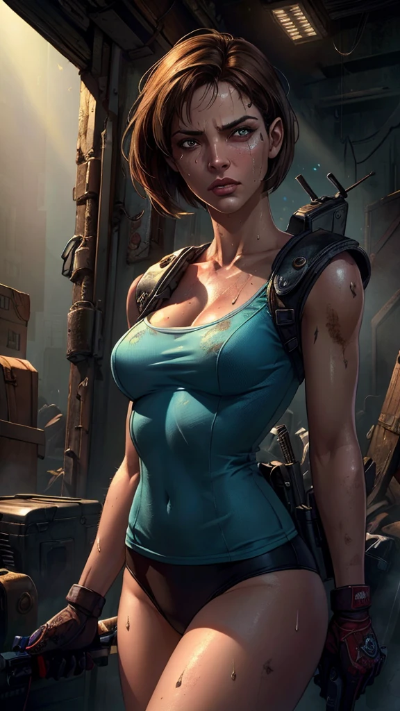 ((((masterpiece, best quality, high resolution)))), Extremely detailed 8K, 1 female, (Jill Valentine from Resident Evil) wearing a futuristic police gear, (Ultra HD, Ultra-detailed, Highly detailed, Highly realistic, Ultra-realistic, photograph realistic), (1girl:1.5), (Realistic short brown hair), (dynamic poses), facing at camera, looking at viewer, (a serious focus face), (regular black eyes, sharp eyes), (perky breasts:1.2), (beautiful detailed face, beautiful detailed eyes), ((slightly sweating)), (post-apocalyptic world background), sweat, glow, (sunbeam, sunlight), ((cowboy shot)), seductive, EnvyBetterHands LoCon,