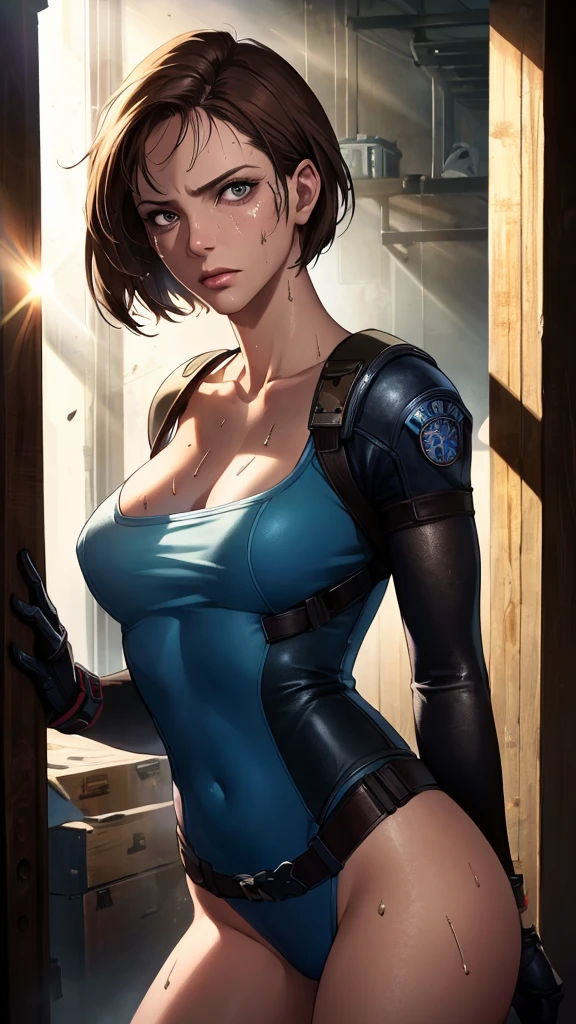 ((((masterpiece, best quality, high resolution)))), Extremely detailed 8K, 1 female, (Jill Valentine from Resident Evil) wearing a futuristic police gear, (Ultra HD, Ultra-detailed, Highly detailed, Highly realistic, Ultra-realistic, photograph realistic), (1girl:1.5), (Realistic short brown hair), (dynamic poses), facing at camera, looking at viewer, (a serious focus face), (regular black eyes, sharp eyes), (perky breasts:1.2), (beautiful detailed face, beautiful detailed eyes), ((slightly sweating)), (post-apocalyptic world background), sweat, glow, (sunbeam, sunlight), ((cowboy shot)), seductive, EnvyBetterHands LoCon,