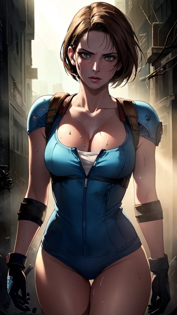 ((((masterpiece, best quality, high resolution)))), Extremely detailed 8K, 1 female, (Jill Valentine from Resident Evil) wearing a futuristic police gear, (Ultra HD, Ultra-detailed, Highly detailed, Highly realistic, Ultra-realistic, photograph realistic), (1girl:1.5), (Realistic short brown hair), (dynamic poses), facing at camera, looking at viewer, (a serious focus face), (regular black eyes, sharp eyes), (perky breasts:1.2), (beautiful detailed face, beautiful detailed eyes), ((slightly sweating)), (post-apocalyptic world background), sweat, glow, (sunbeam, sunlight), ((cowboy shot)), seductive, EnvyBetterHands LoCon,