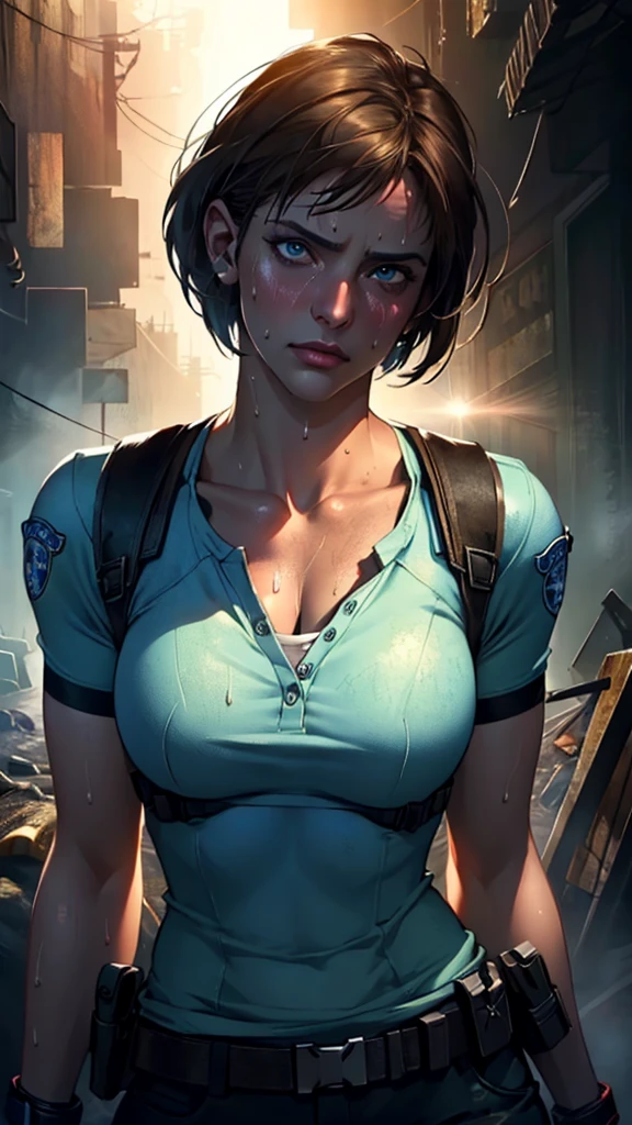 ((((masterpiece, best quality, high resolution)))), Extremely detailed 8K, 1 female, (Jill Valentine from Resident Evil) wearing a futuristic police gear, (Ultra HD, Ultra-detailed, Highly detailed, Highly realistic, Ultra-realistic, photograph realistic), (1girl:1.5), (Realistic short brown hair), (dynamic poses), facing at camera, looking at viewer, (a serious focus face), (regular black eyes, sharp eyes), (perky breasts:1.2), (beautiful detailed face, beautiful detailed eyes), ((slightly sweating)), (post-apocalyptic world background), sweat, glow, (sunbeam, sunlight), ((cowboy shot)), seductive, EnvyBetterHands LoCon,