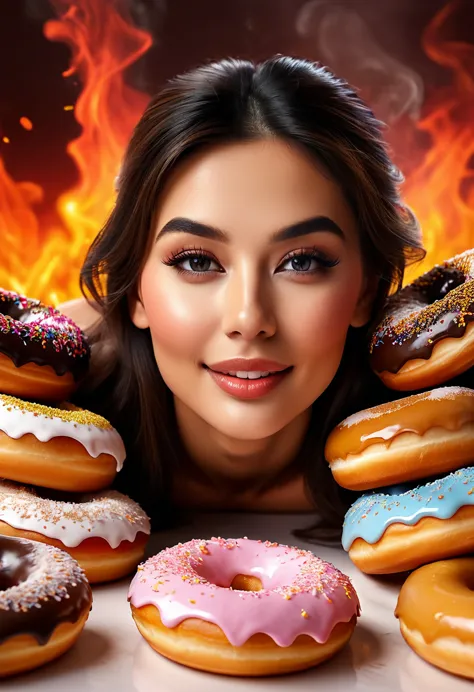 photorealistic of a beauty goddess lie down on stacks of donuts, kind of donuts, happy face, close up,, dynamic motion, cinemati...