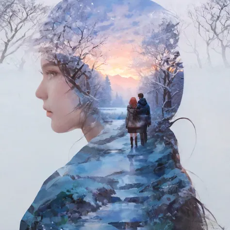 Double exposure portrait artwork inspired by manhwa. It depicts a couple in love embodying winter and spring, exploring a fantas...