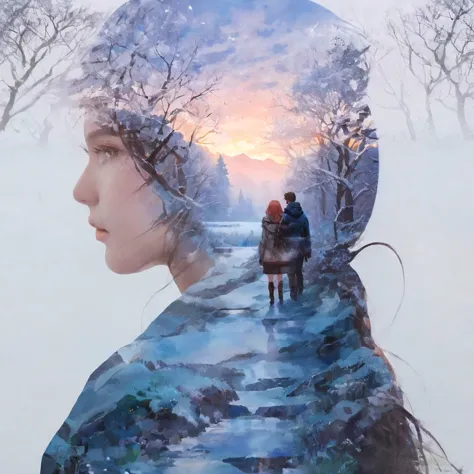 double exposure portrait artwork inspired by manhwa. it depicts a couple in love embodying winter and spring, exploring a fantas...