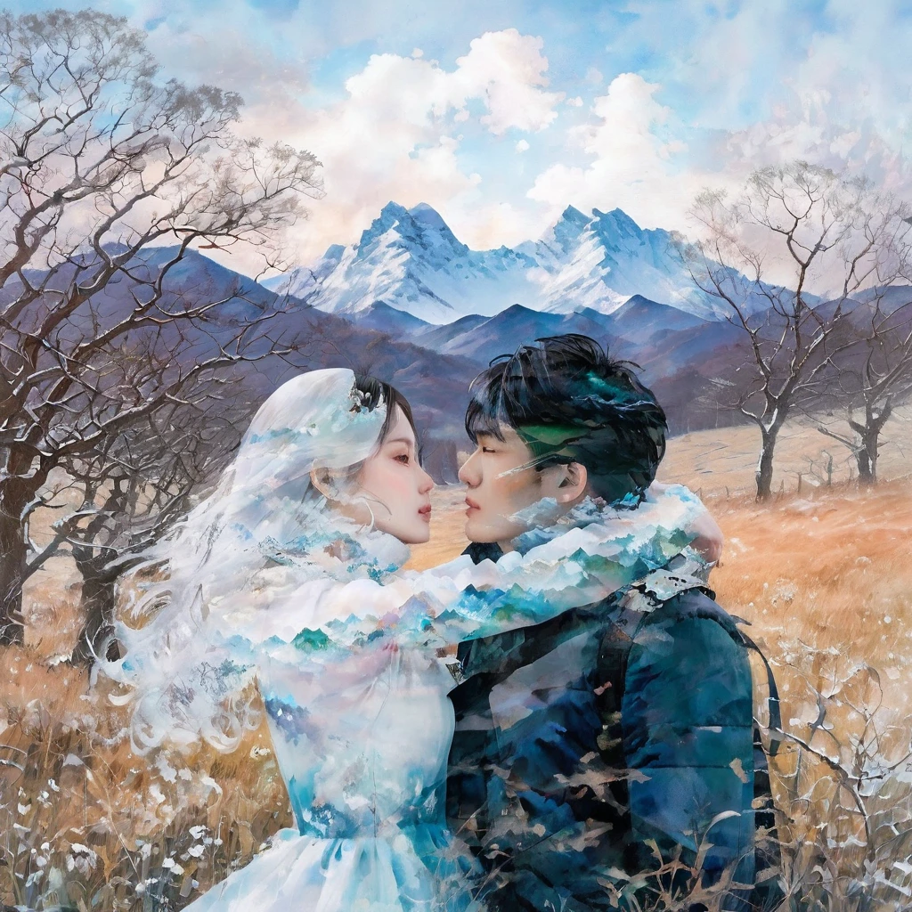 Double exposure portrait artwork inspired by manhwa. It depicts a couple in love embodying winter and spring, exploring a fantastical landscape divided between their seasonal realms. The portrait showcases their journey across contrasting terrains, superimposed over their intertwined silhouettes. The fantasy-themed piece is densely populated with rich, seasonal visuals and holds an aspect of temporal duality. The winter figure traverses snow-capped mountains and crystalline forests, while the spring counterpart wanders through blooming meadows and verdant glades. The texture of the painting and the ethereal quality of the brushwork enhance the enigmatic ambiance of their seasonal coexistence. The piece has a grainy texture and features vibrant, complementary colors