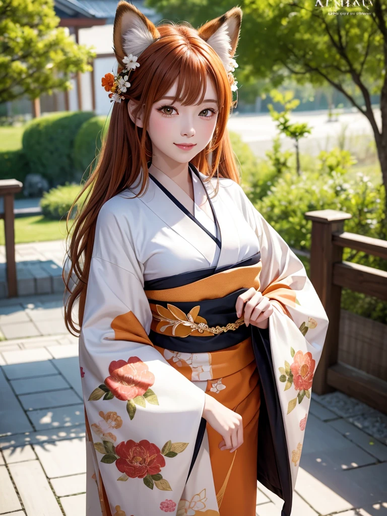 masterpiece, Highest quality, Very detailed, One girl, alone, (:3:0.9), Animal earsの毛, Animal ears, Orange Hair, Fluffy hair, blush, Brown eyes, flower, Fox Ears, Fox Girl, Slope, Slope background, hair flower, hair ornaments, kimono, kimono, View your viewers, Shrine maiden, smile, alone, white kimono, Beautiful lighting