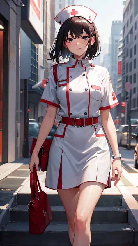 highest quality, unreal engine, ultra-high resolution, a nurse holds her hand out to the viewer&#39;s forehead to take their tem...