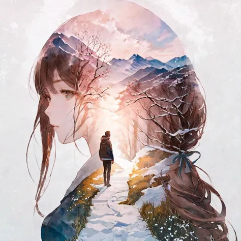 double exposure portrait artwork inspired by manhwa. it depicts a couple in love embodying winter and spring, exploring a fantas...