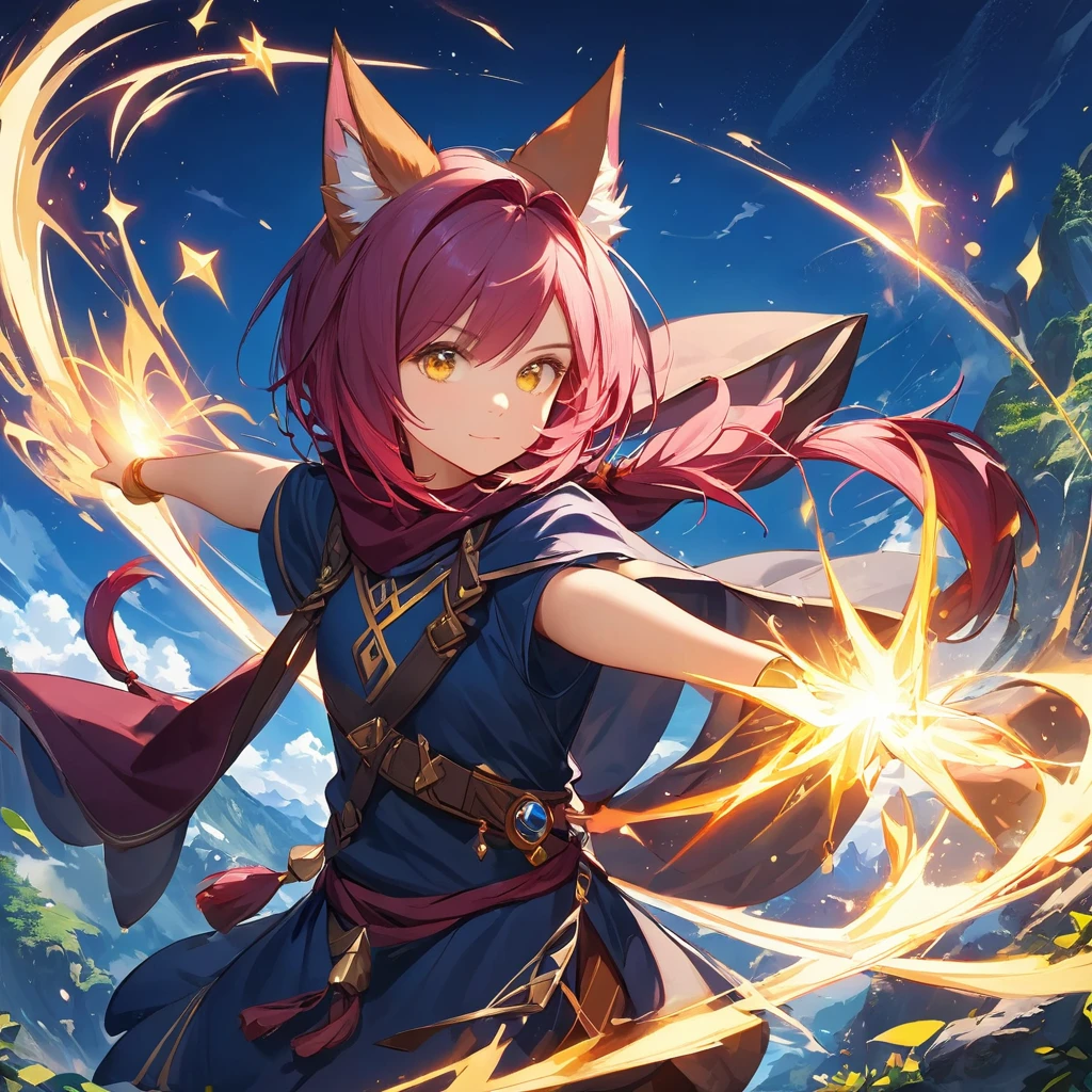 Xayah,camiseta,  orejas de animales, Ojos amarillos, sayo, impresionante, pelo sobre el hombro, sin capucha, Hermoso, 4k, alto_definición, detallado, adolescente, pequeño, Explorador, aventurero, magia, vaquero_pose