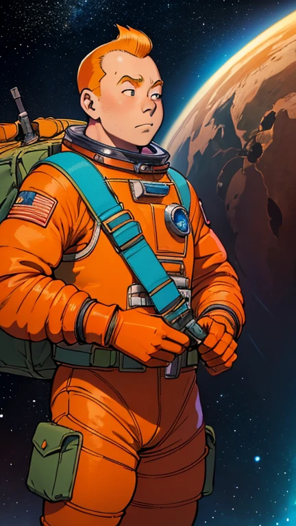 (Teens:1man: Tintin), (extremely detailed CG unit 8k wallpaper),(master part), (best quality), (ultra detali), (best illustration),(methurlant), cowboy shot, (Sharp eyeliner, ombre, detailed eyes:1),Dark midnight derelict spaceship interiors background, ,break , (astronaut in an orange space suit), upper body, short hair, orange hair