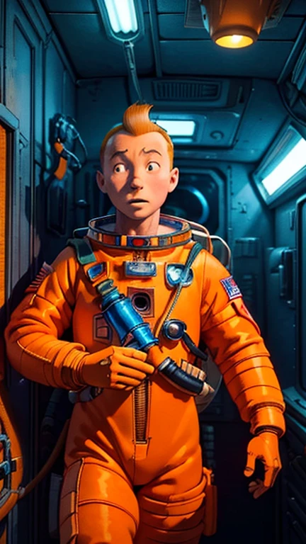 (Teens:1man: Tintin), (extremely detailed CG unit 8k wallpaper),(master part), (best quality), (ultra detali), (best illustration),(StopMotion), cowboy shot, (Sharp eyeliner, ombre, detailed eyes:1),Dark midnight derelict spaceship interiors background, ,break , (astronaut in an orange space suit), upper body, short hair, orange hair