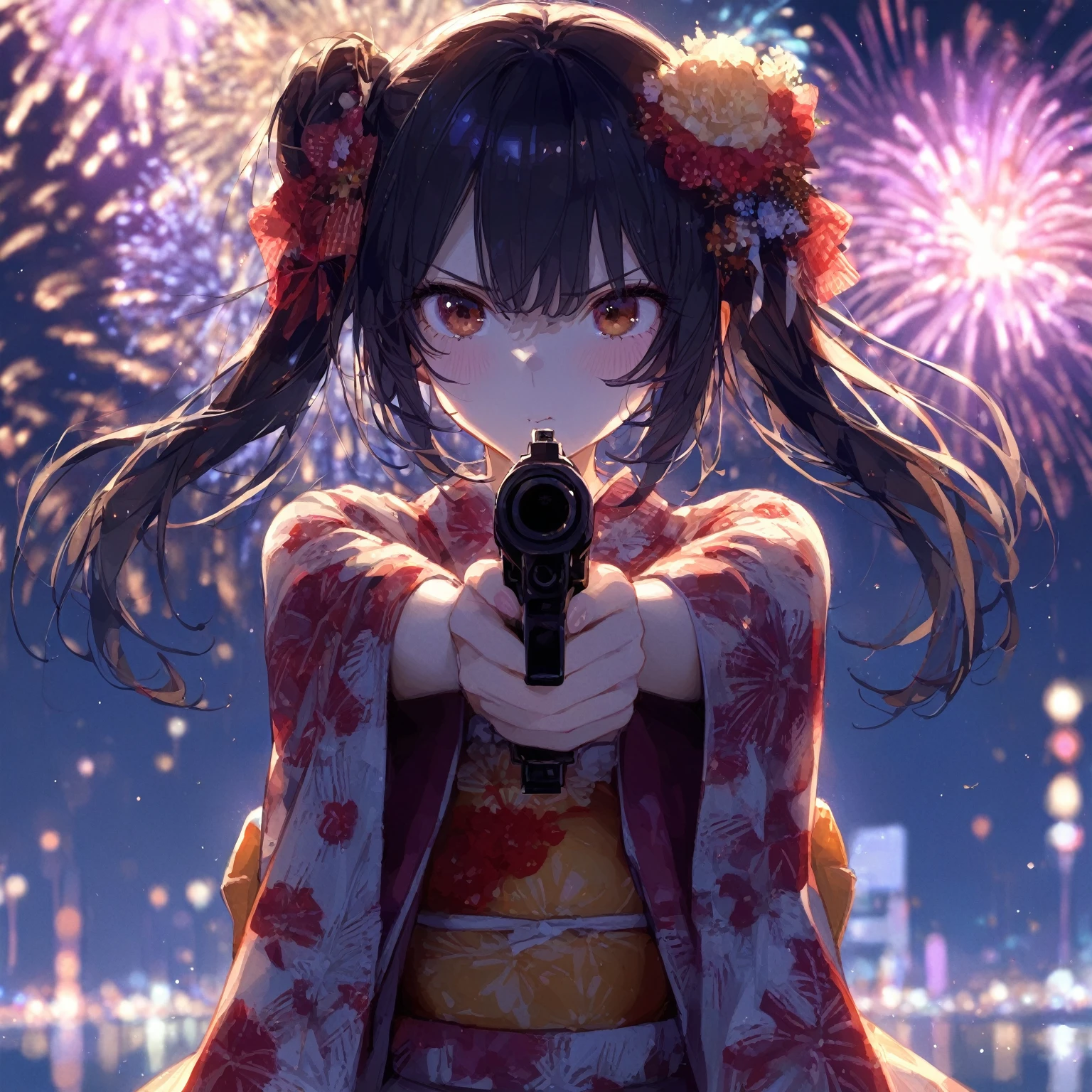  masterpiece, best quality, 1girl, black  tegaki、have a gun、summer、firework、backlighting、shadow