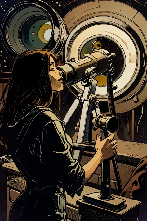 distant view, a beautiful astronomer observing the libra constelation stars through a vintage telescope, intricate art deco deta...