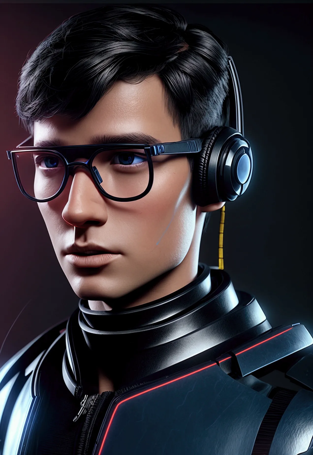 Create an avatar for YouTube that is a boy that resembles Artificial Intelligence, black hair, Eyeglasses, using futuristic neon...
