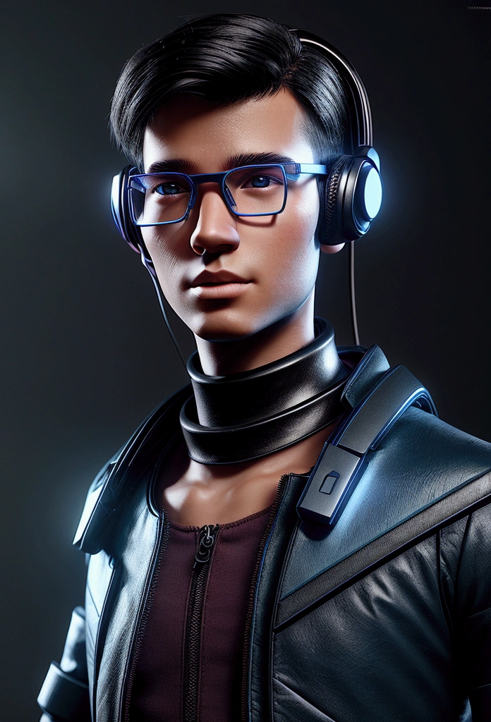 Create an avatar for YouTube that is a boy that resembles Artificial Intelligence, black hair, Eyeglasses, using futuristic neon headphones, modern microphone, realisitic, with the name "Sounding etc", 3D pixar style