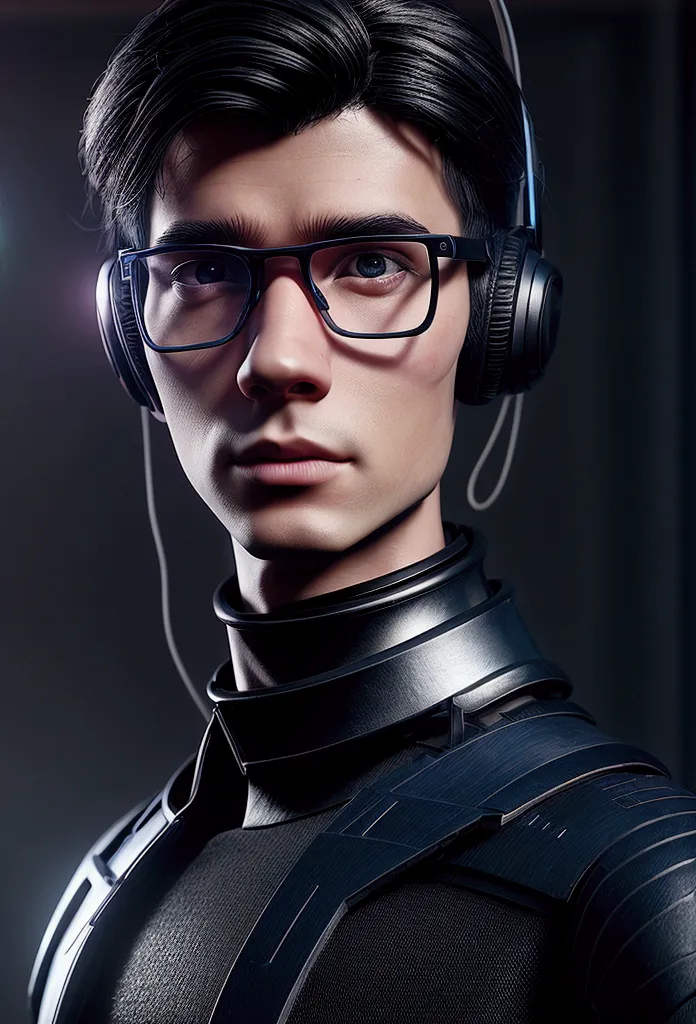 Create an avatar for YouTube that is a boy that resembles Artificial Intelligence, black hair, Eyeglasses, using futuristic neon...